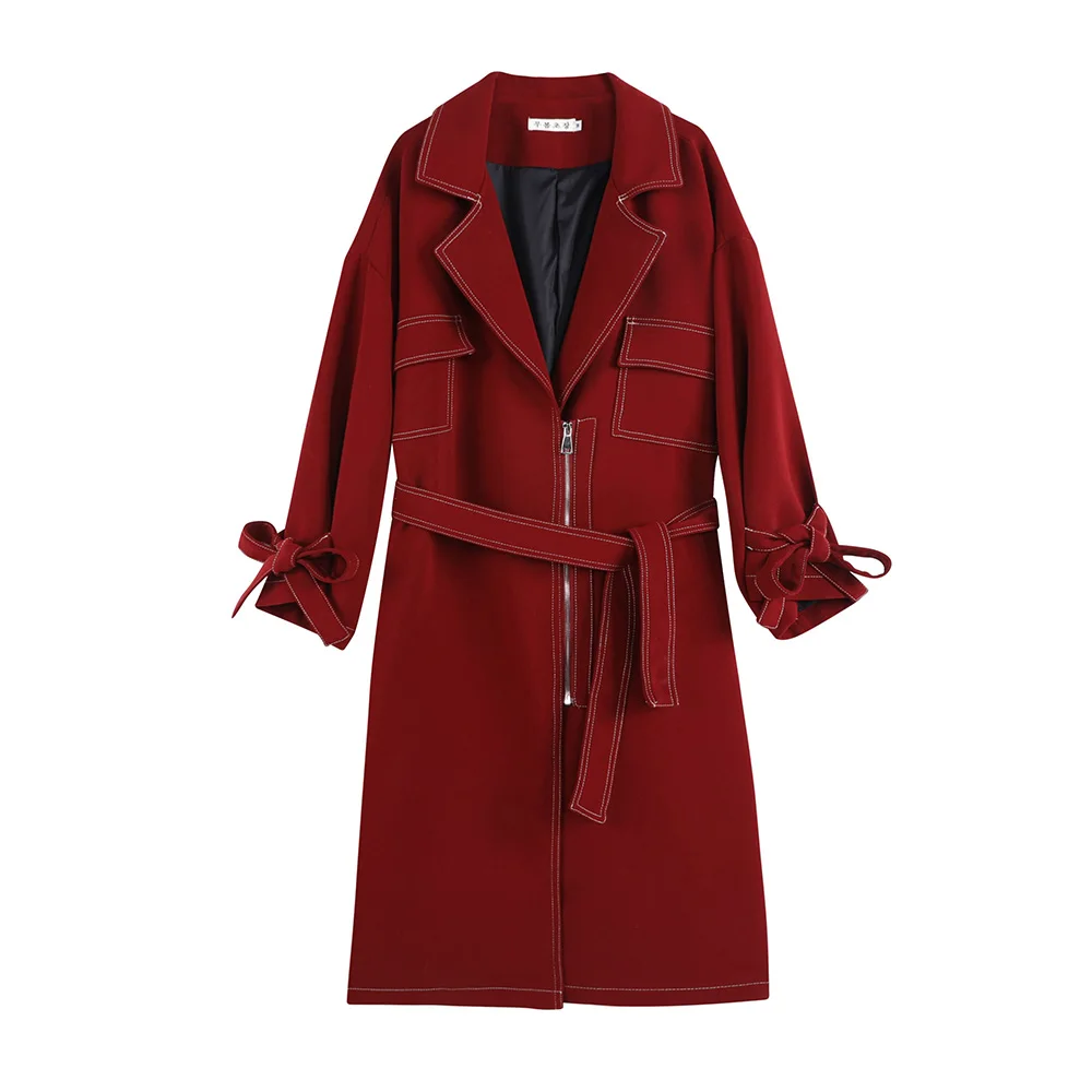 

Elegant Englang Style Mid-Length Trench Coat 2020 Fashion Autumn Winter Loose Jacket Office Lady Solid Zipper Women's Coat