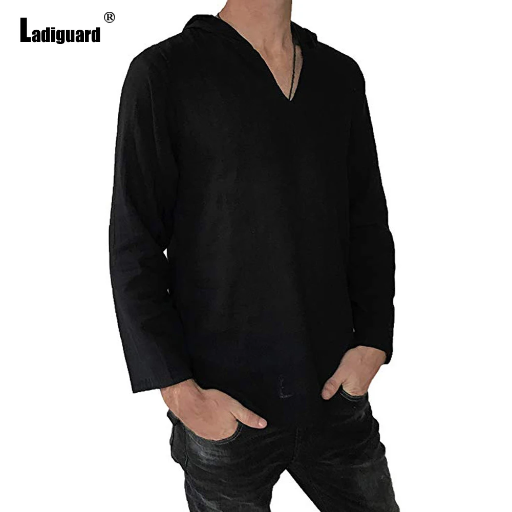 Plus Size 3xl Men Linen Top Long Sleeve Hooded T-shirt Sexy Mens clothing 2021 Summer Casual Pullovers Solid Man Thin Tees Shirt