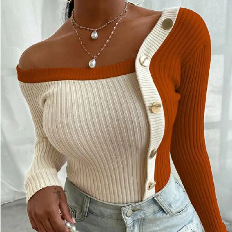

Autumn All-match Sweater Women Single-breasted Patchwork Threaded Knitted Cardigan 2021 Long Sleeve Chic Solid Top Ladies New