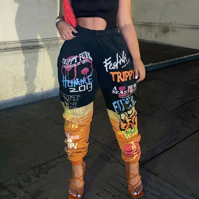 

2021 Autumn Winter New Women Thick Casual Pants High Waist Loose Harem Trousers Female Handsome Printed Joggers Woman Streetwear