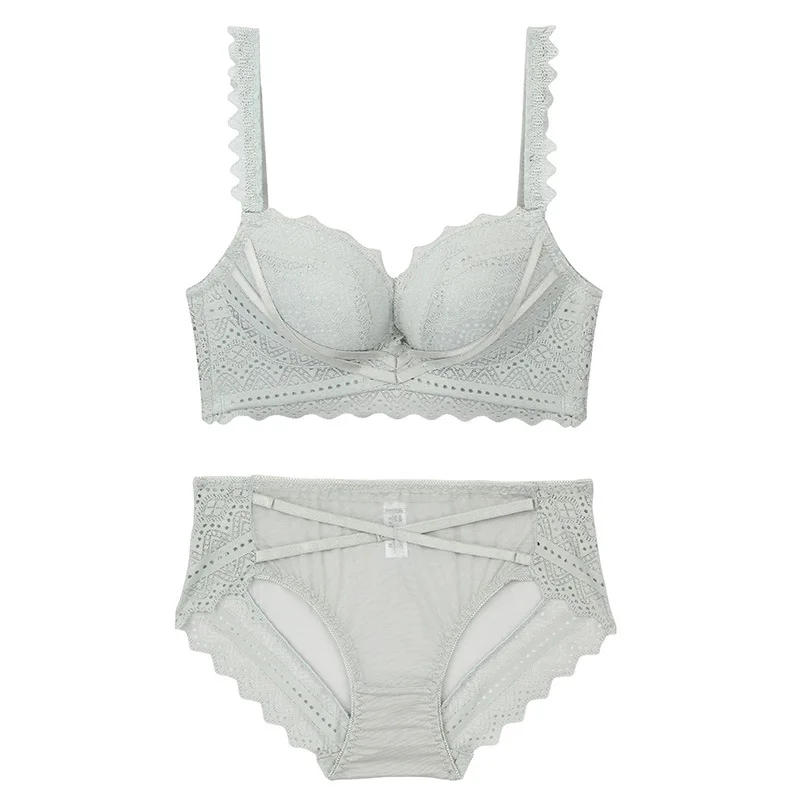 

2021 Medium Thick Cup Sexy Lace Underwear French Women's Seamless Seamless Steel Ring Deep V Gathering Plus Size Black Bra Set