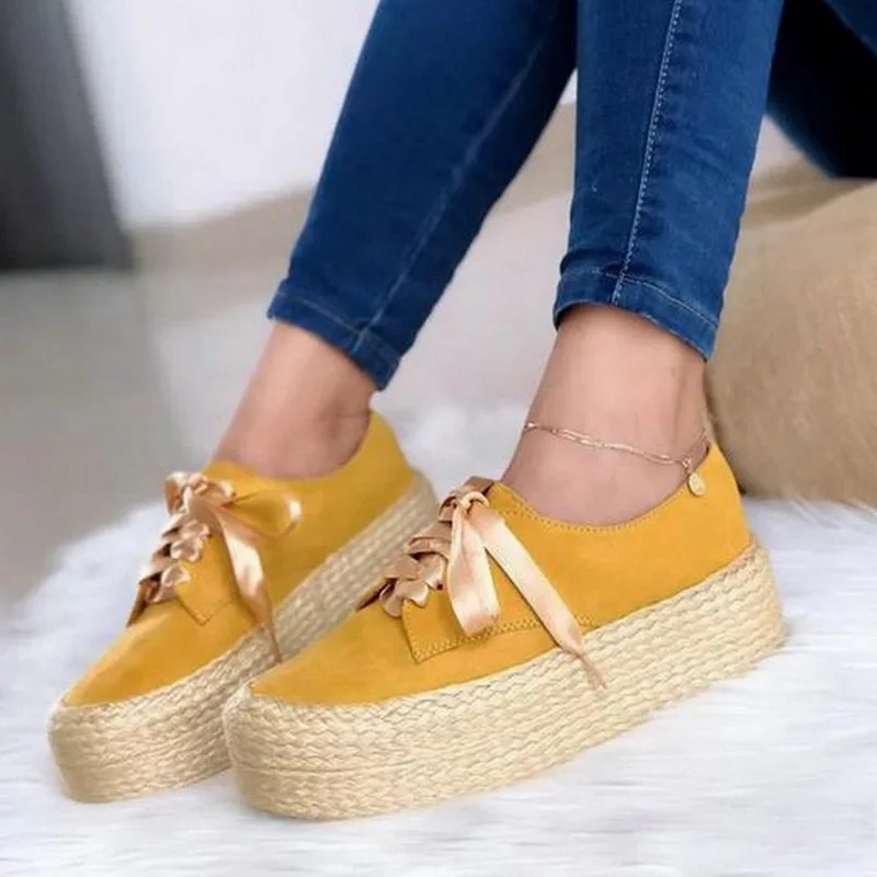 yellow B Puimentiua Fashion Women Ladies Espadrille Shoes Canvas Thick bottom Flats Shoes Girls Lace up Round Toe Casual Flats - Цвет: yellow B