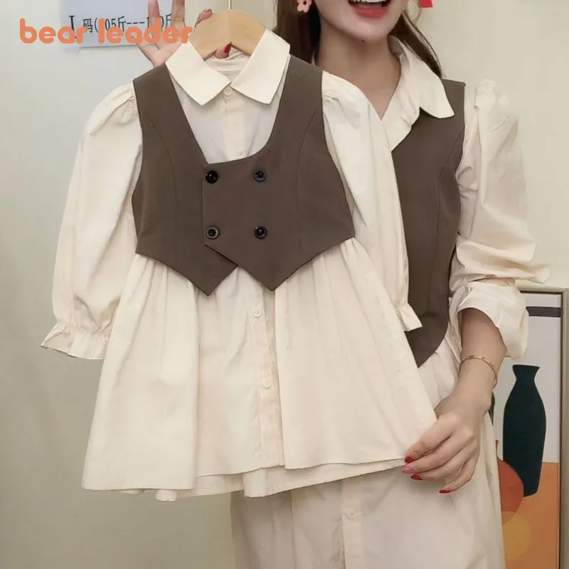 

Bear Leader Autumn New Children's Clothing Children's Trendy Fan Foreign Style Lapel Shirt Skirt Coffee Color Vest Two-piece