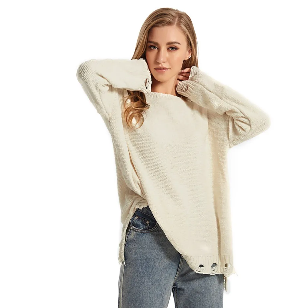 Женский свободный вязаный свитер однотонный пуловер с круглым вырезом и длинным