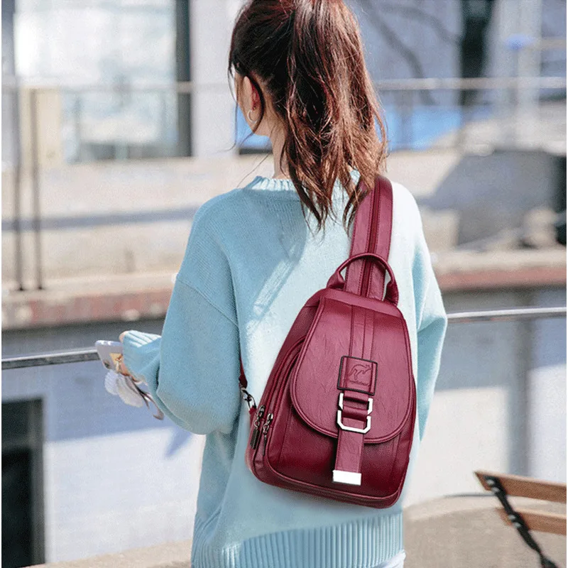 Женский кожаный рюкзак 2019 школьный однотонный дорожный винтажный