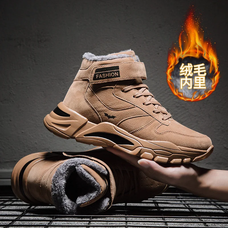 

Мужские зимние Утепленные ботильоны, брендовые уличные кожаные зимние кроссовки, мужские хлопковые ботинки с высоким берцем на липучке