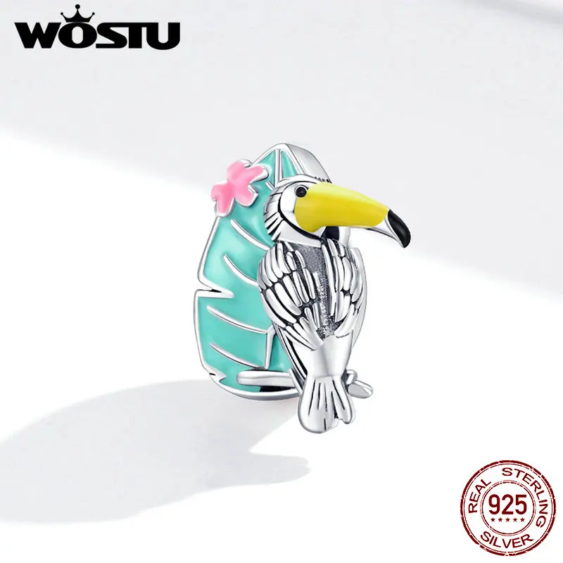 WOSTU 925 стерлингового серебра Шарм бисера Кристалл Яркий Тукан Висячие Подвески