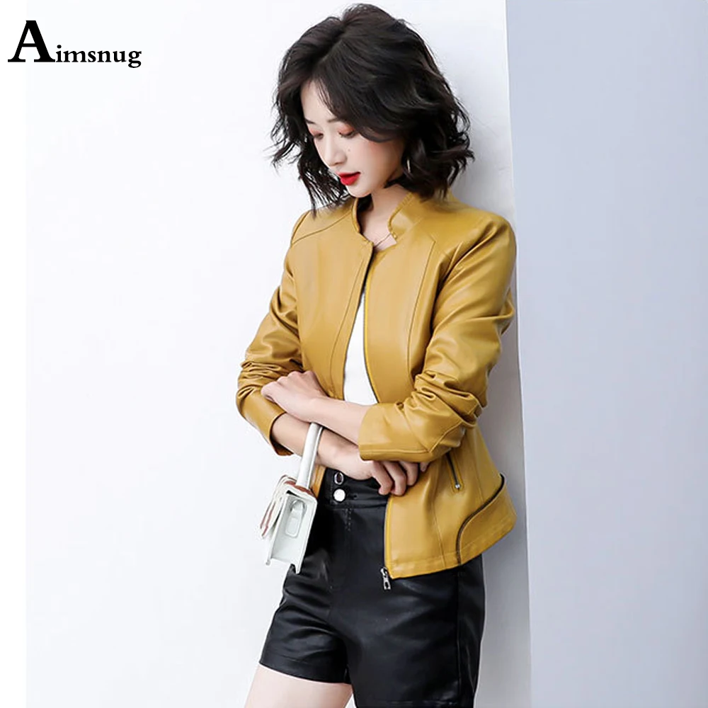 

Aimsnug 2021 New Genuine Leather Jacket Pockets Zipper Outerwear Office Lady Coats Slim Biker Jackets Women Plus Size M-5XL