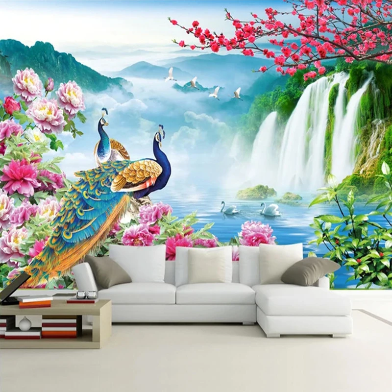 

Custom 3D Photo Wallpaper Wall Painting Peacock Waterfall Nature Landscape Large Mural Wall Paper For Living Room Art Decoration