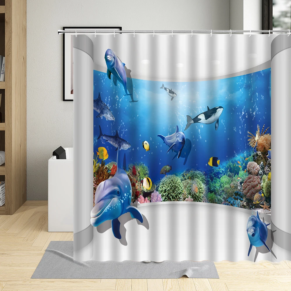 

Underwater World Animal Window View Shower Curtain Creative Dolphin Fish Print Bathroom Bathtub Curtains Kids Home Decor Screens