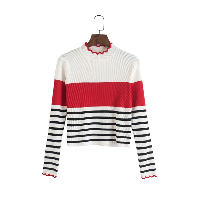 Женский трикотажный свитер с оборками Повседневный пуловер в полоску круглым