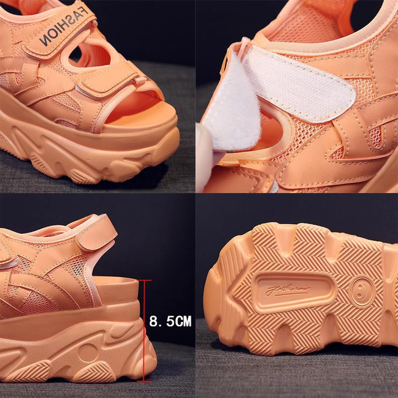 

Black Hook & Loop Hollowed Thick Bottom Rome Sandals Designer Fashion Open Toe Non-Slip Beach Shoes Ladies Heighten Shoes 8.5CM