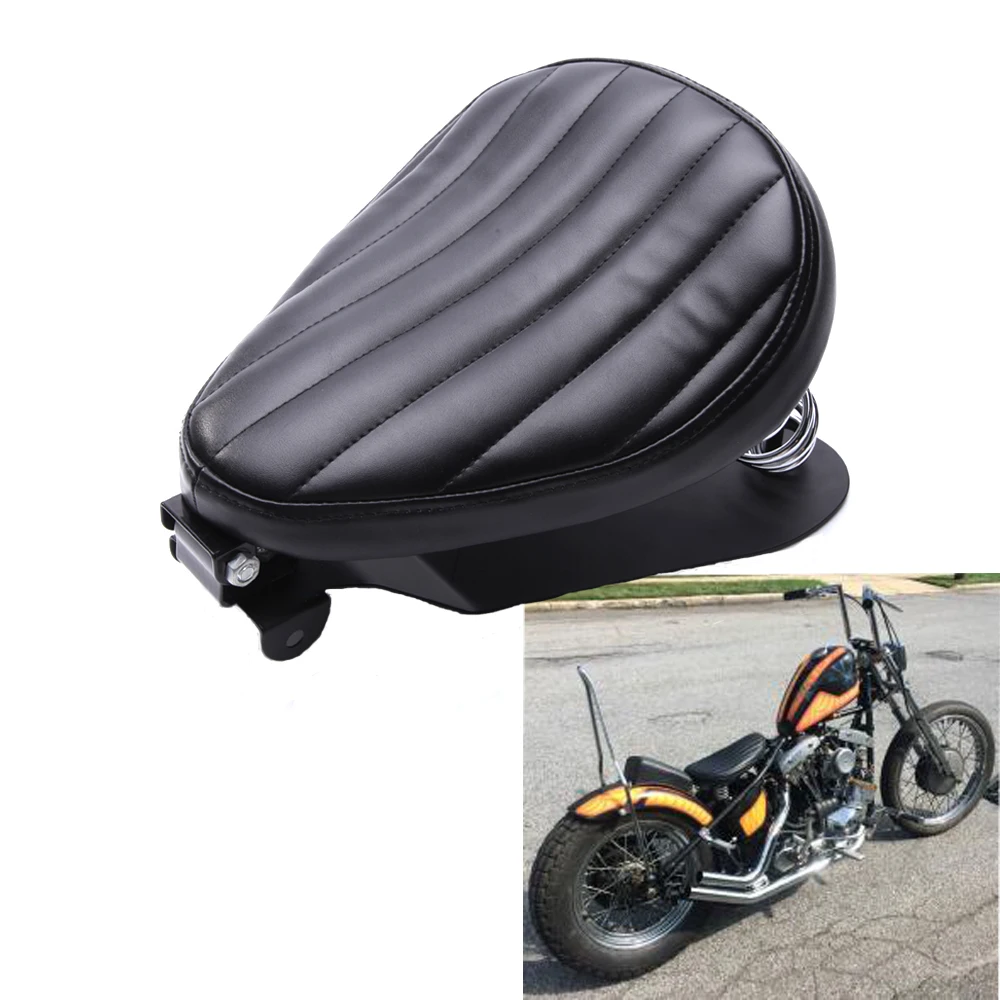 

Motorcycle Rear Seat Black Solo Pad Saddle Leather Stripe Surface Cushion With Bracket Spring For Harley Custom Bobber Chopper