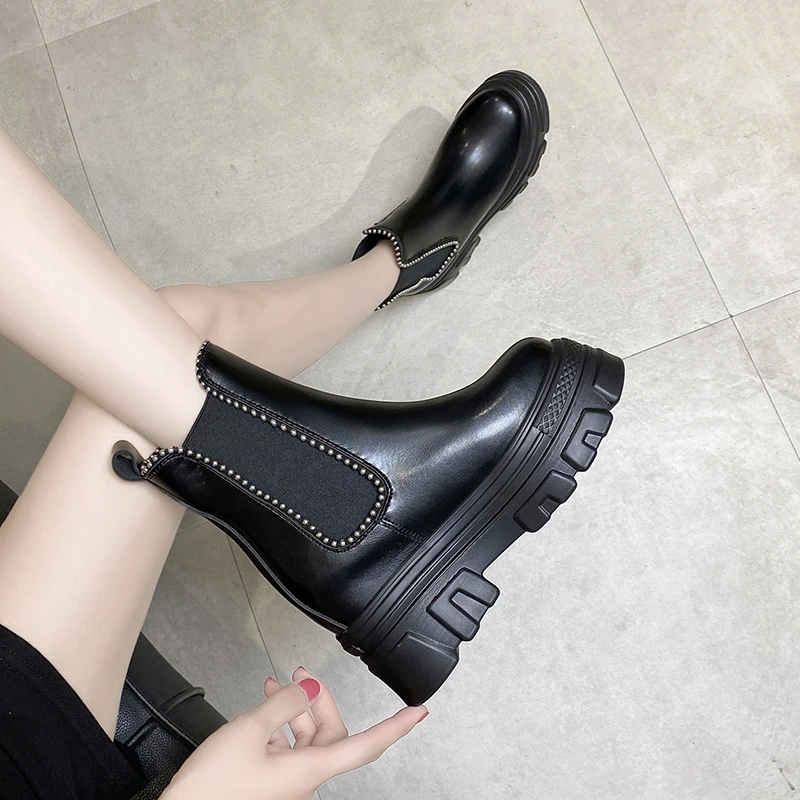 Женские ботильоны без шнуровки Goth повседневные кожаные ботинки на платформе 9 см