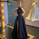 Женское вечернее атласное платье Sevintage, черное платье с высоким воротником и разрезом сбоку, кружевное платье для торжественных случаев, 2021