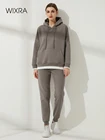 Женский повседневный комплект с худи Wixra, плотный свитшот и спортивные штаны на шнурке, однотонные свободные базовые зимние костюмы, на осень