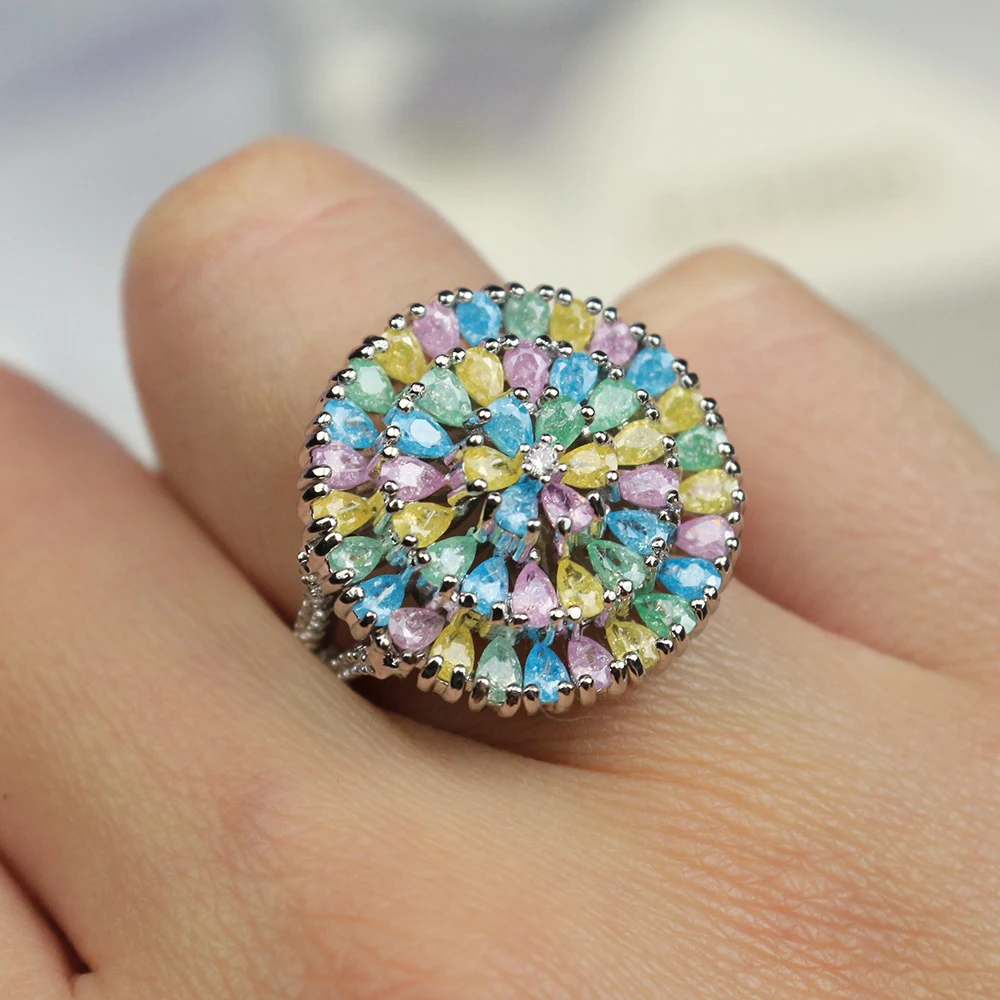 

Beautiful design ring Big round luxury trend jewellery new assorted colorful water drop Crystal female jewelry love rings