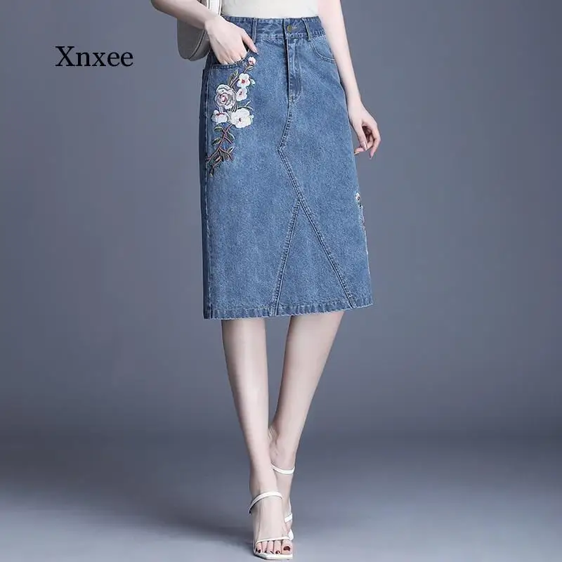 Женская Джинсовая Юбка-миди с цветочной вышивкой Облегающая джинсовая юбка