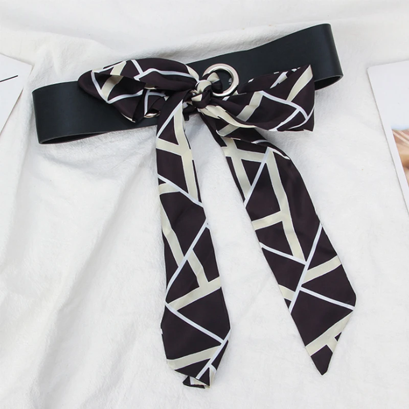 

European and American new fashion color contrast silk scarf splicing belt creative casual versatile double ring buckle women's b
