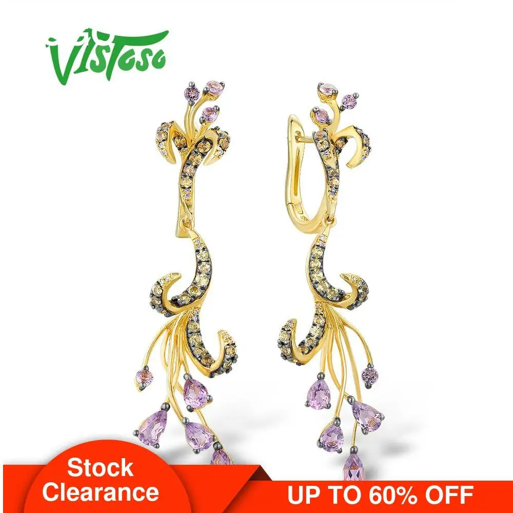 

VISTOSO Gold Earrings For Women Pure 14K 585 Yellow Gold Sparkling Diamond Amethyst Yellow Sapphire Unique Wedding Fine Jewelry