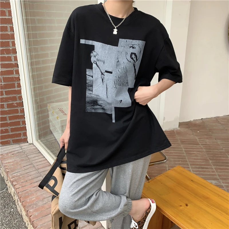 

2442 women Summer students Korean version loose lazy casual printing mid-length t-shirt