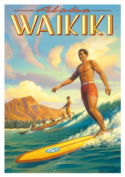 Серфинг в Вайкики Гавайи Америка путешествия холст живопись Винтаж стены крафт