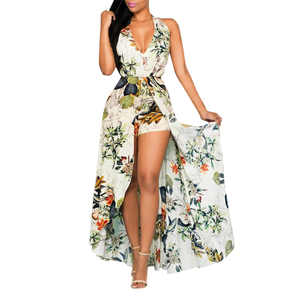 2022 Summer Women Dresses Maxi V-Neck Halter Sleeveless Sexy Tunic Print Flowers Dress Vacation Holiday Beach Lady Casual Robe