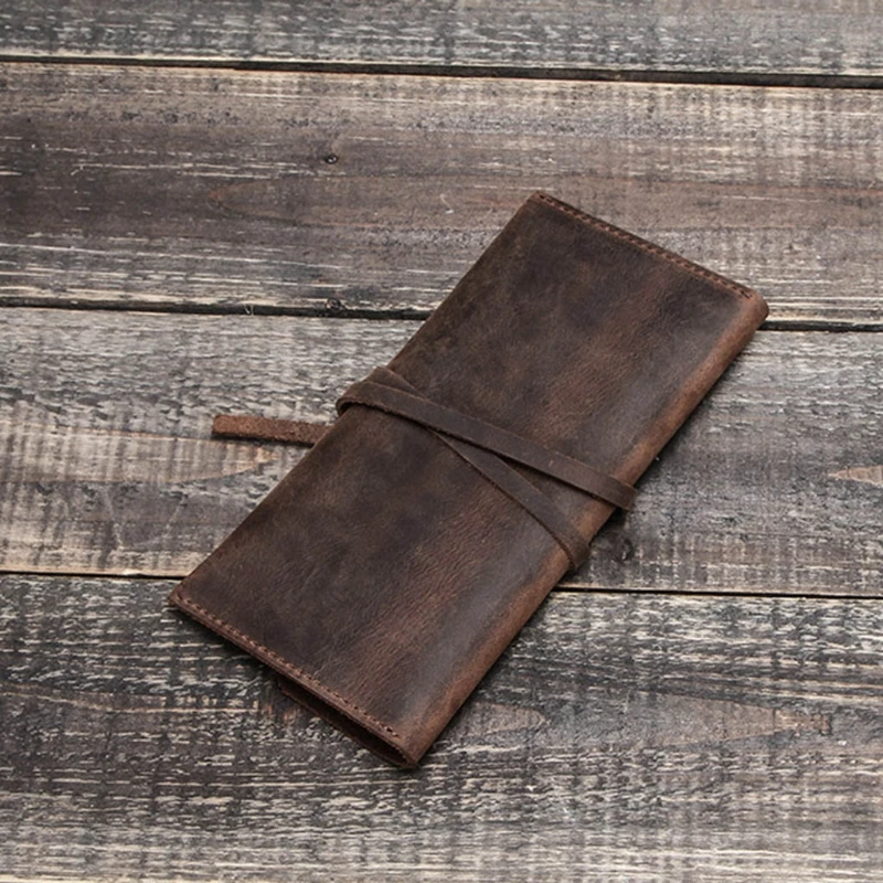 

G92E Handmade Cowhide Leather Pen Bag Retro Vintage Roll Pencil Case Pouch Office School Stationery Supplies