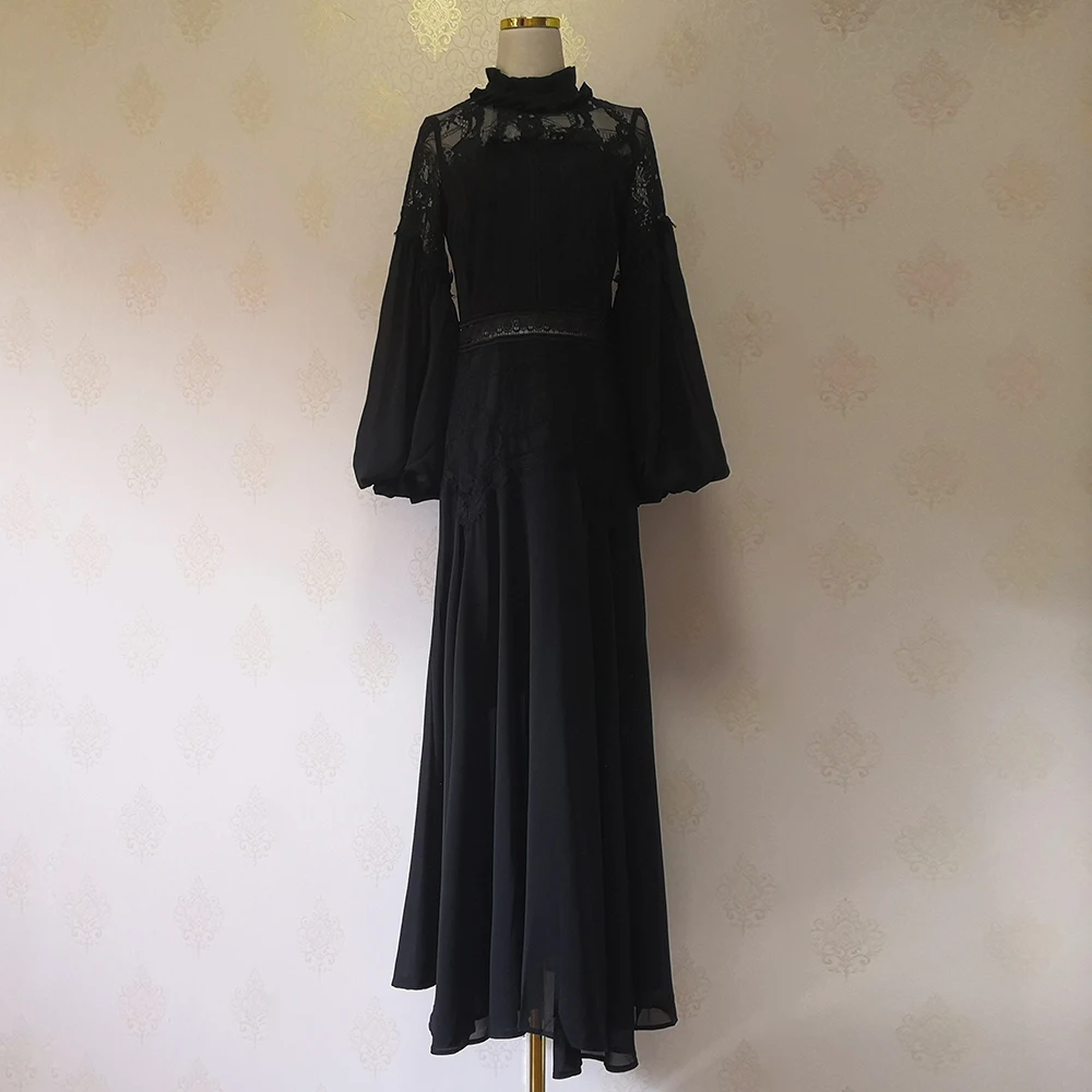 

VERDEJULIAY oversized Designer Dress Women Half Lanytern Sleeve Lace Dress Maxi Black Ruffled Long Party Holiday Dress