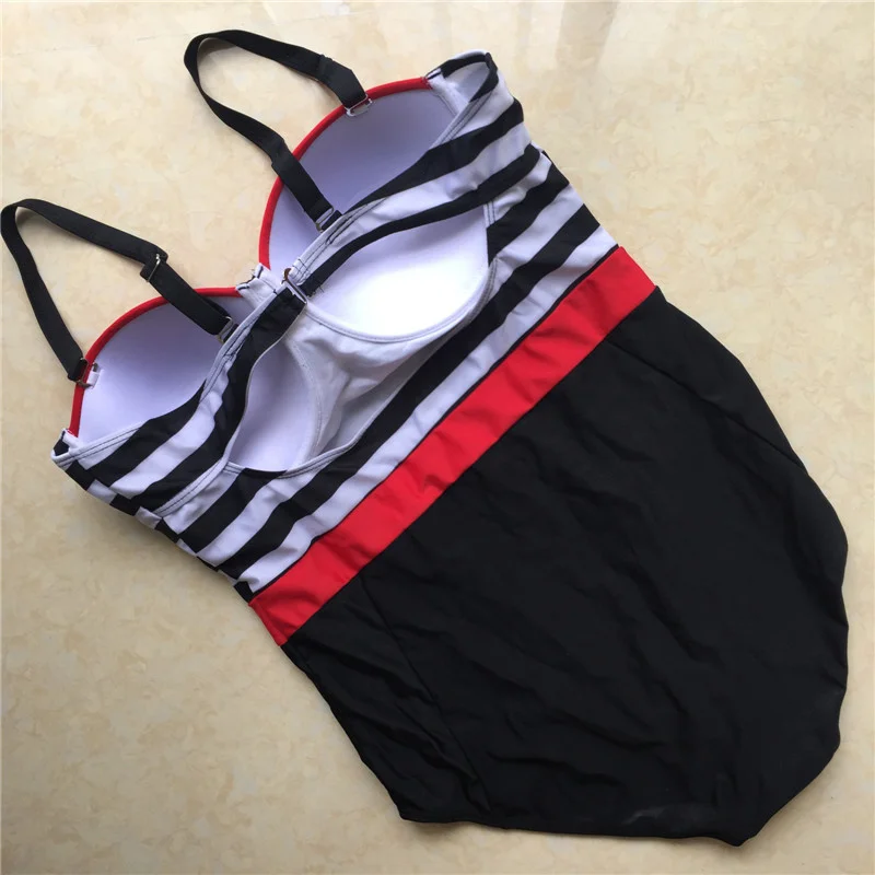 

NEW Striped Print Red/Black Patchwork Women One Piece Swimsuit Plus Size XL to 4XL Push UP High Waisted Big Bathing suit Biquini