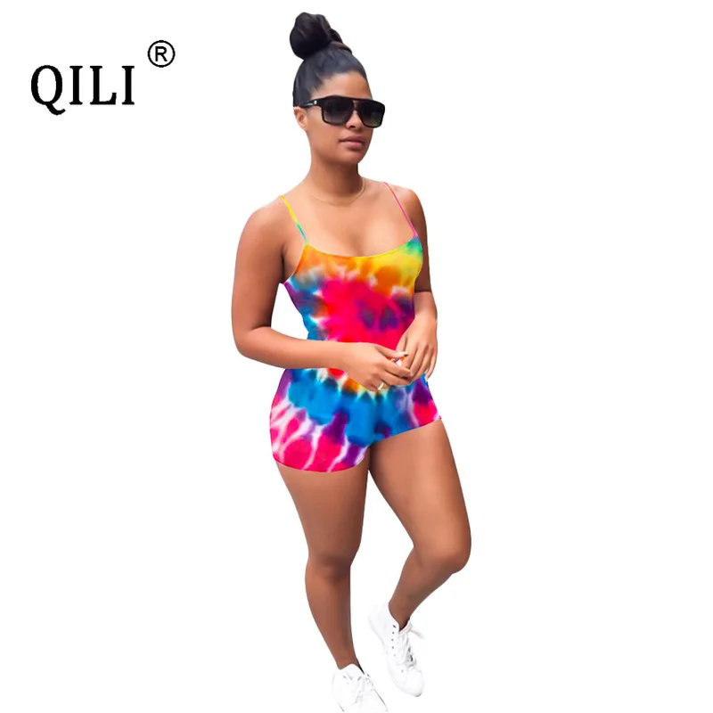 

QILI Tie Dye Print Rompers Womens Jumpsuit Sleeveless Strap Bodycon Romper Neon Pink Colorful Summer Clothes