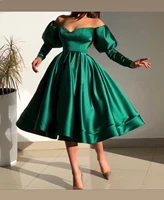 green knee length prom evening dress 2022 with long sleeves off the shoulder short satin party gowns vestidos de gala fiesta