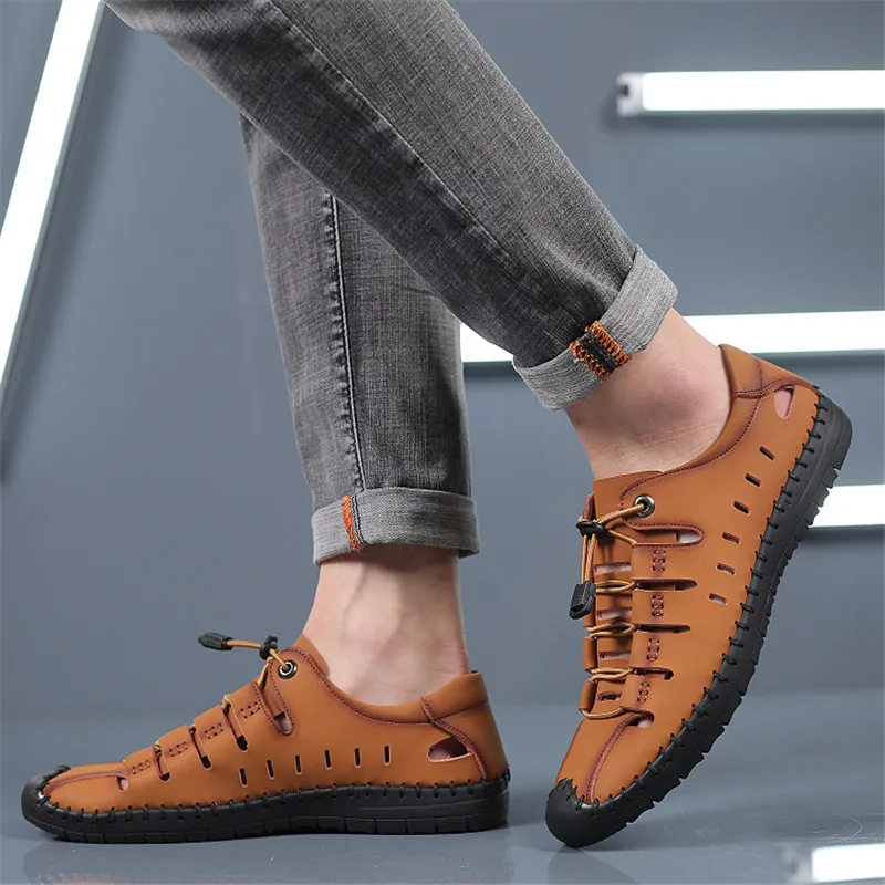 

High Quality Summer Sandals Leisure Ventilation Outdoor Leather Sandals For Men Beach Frenulum Roman Shoes Plus Size 38-44