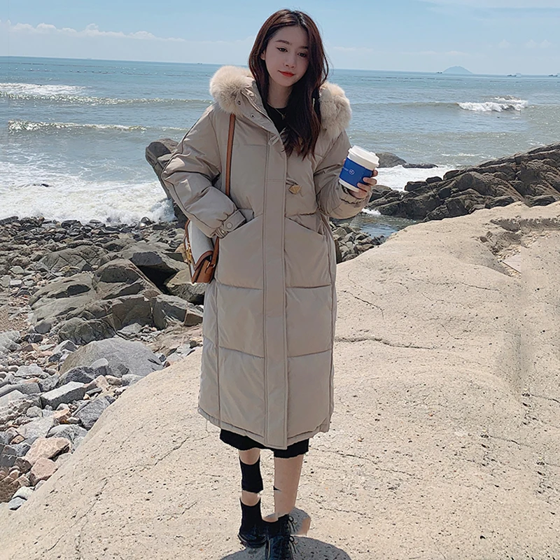 2022 New Style Women's Down Jacket Mid-length Winter Over Knee Padded Thickening Fashion Oversize Fur Street Warm Coat Wear Top