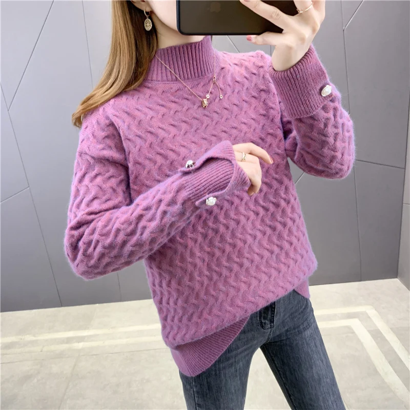 

LUKASIKAX 2020 New Autumn Winter Women Half Turtleneck Sweater High Quality Twisted Crochet Knitted Pullover Sweater