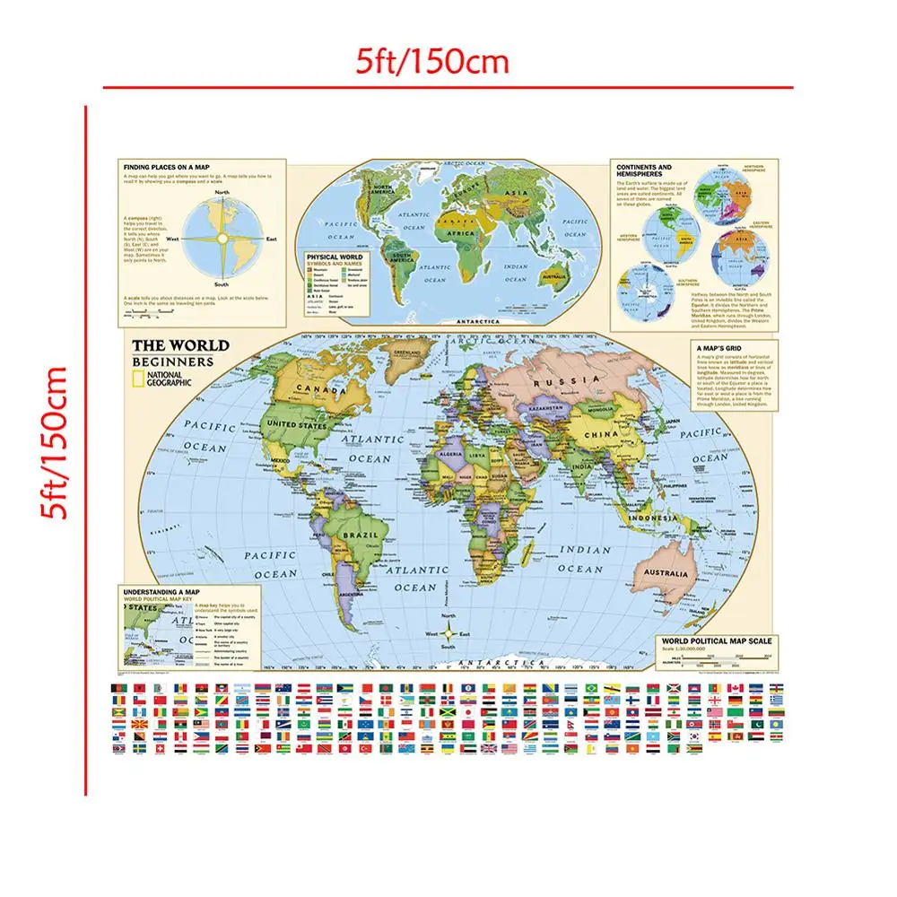 150x150 см Нетканая карта мира подходит для начинающих с флагами и масштабом карты