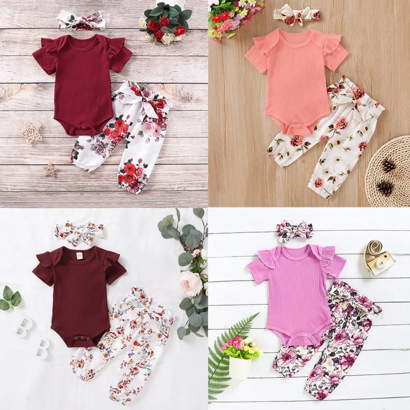 

2020 New Baby Summer Clothing 3PCS Infant Baby Girl Clothes Ribbed Short Sleeve Romper Tops Flower Pants Headband Outfit