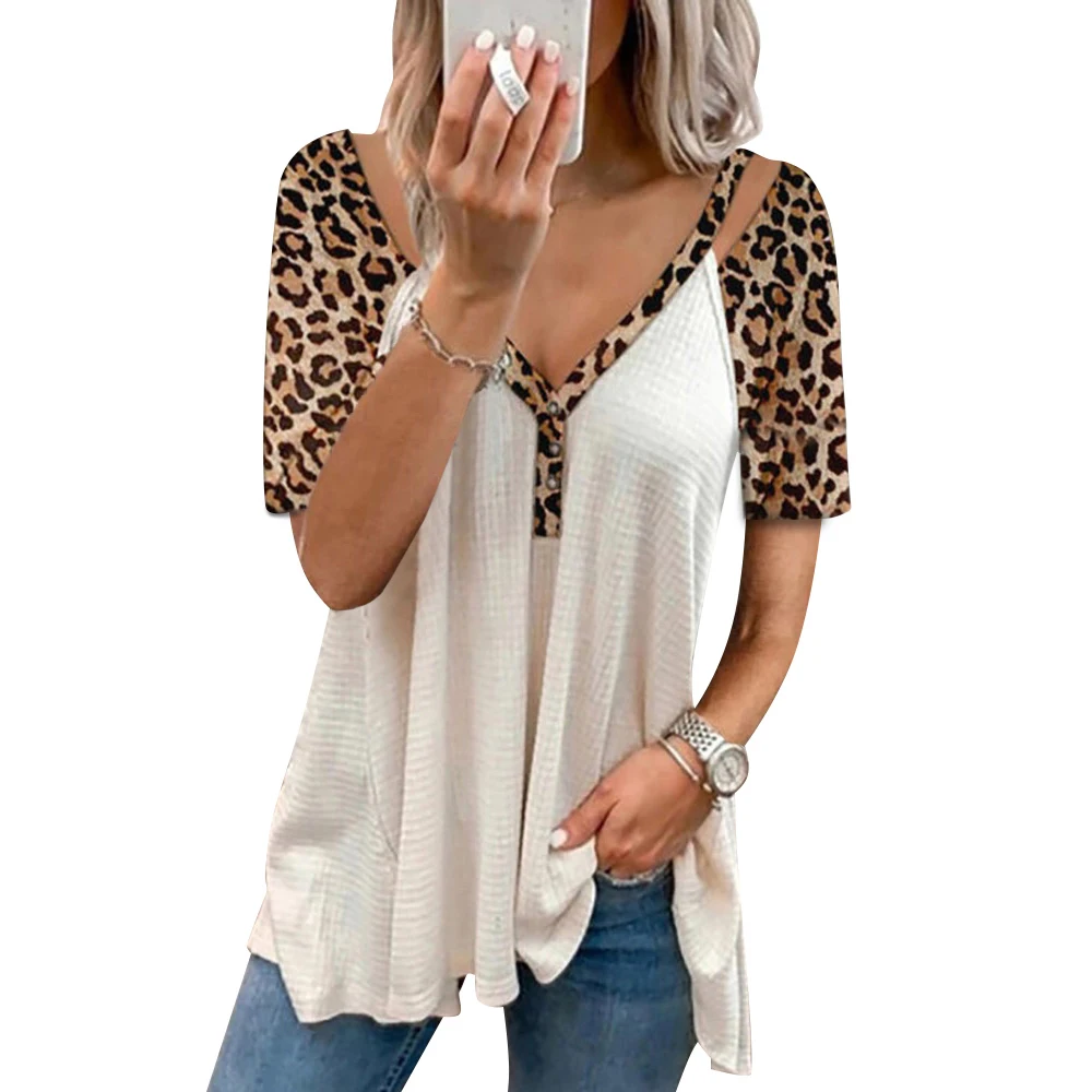 

Female Leopard Short Sleeve Tops V Neck Casual Patchwork T-shirt Summer Women Fashion Street Blouse Irregular Hollow Tee