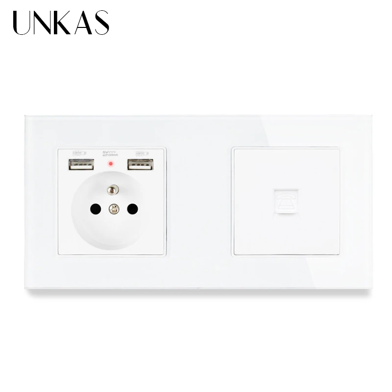 Французская стандартная электрическая розетка UNKAS с 2 USB портами для зарядки + 1