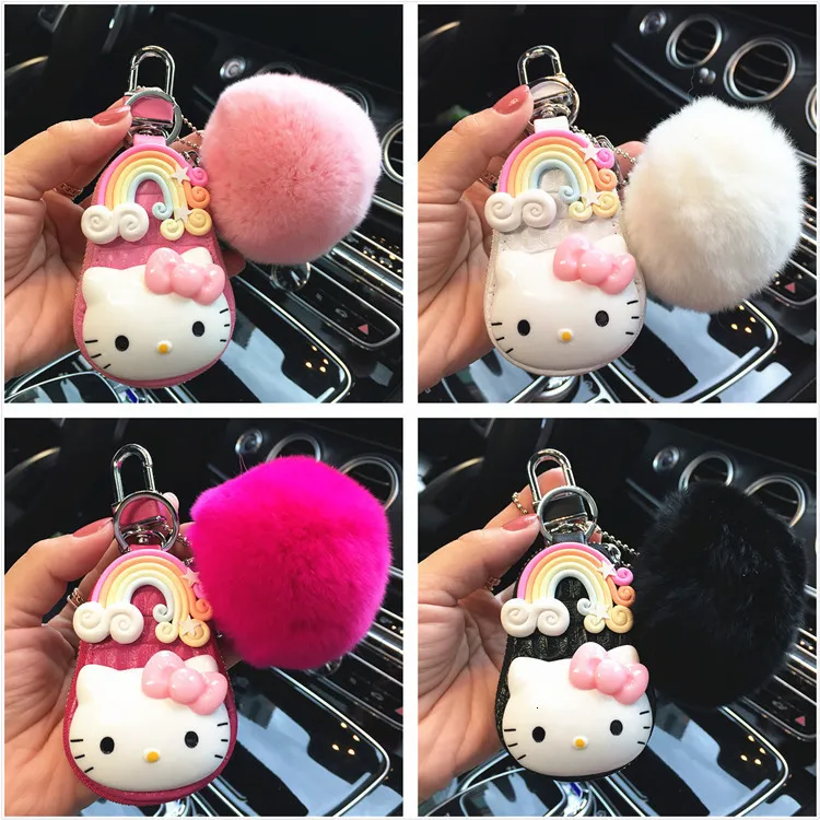 Меховой брелок Hello Kitty прекрасный волос лампочка автомобиль натуральная кожа кулон кошка ключ крышка Держатель Брелок с помпоном пушистый кролик