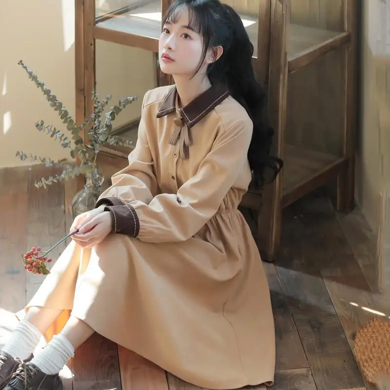 

Dress Women Elegant Slim Retro Lady Button Full Simple Single Breasted Turn-down Collar Womens School Student Style Popular Chic