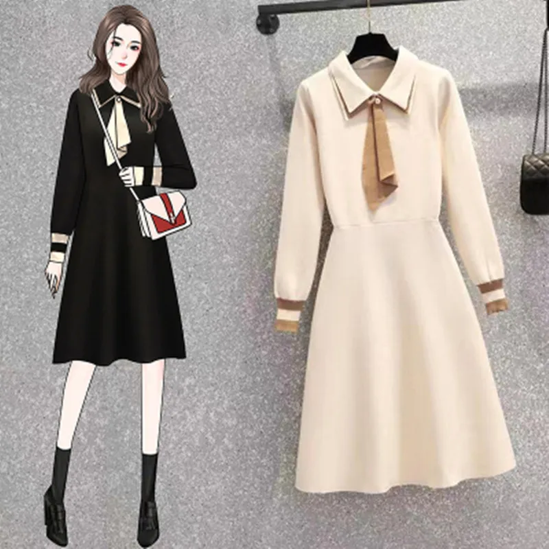 2021 New Autumn  Winter Women Sweater Dresses French Vintage Sweet Long Sleeve Knitted Dresses