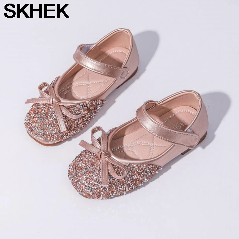 

SKHEK Kids Shoes Leather Bow Children Pink Party Wedding Dress Footwears For Girls Round Toe Breathable Pink Flats Shoe Princess