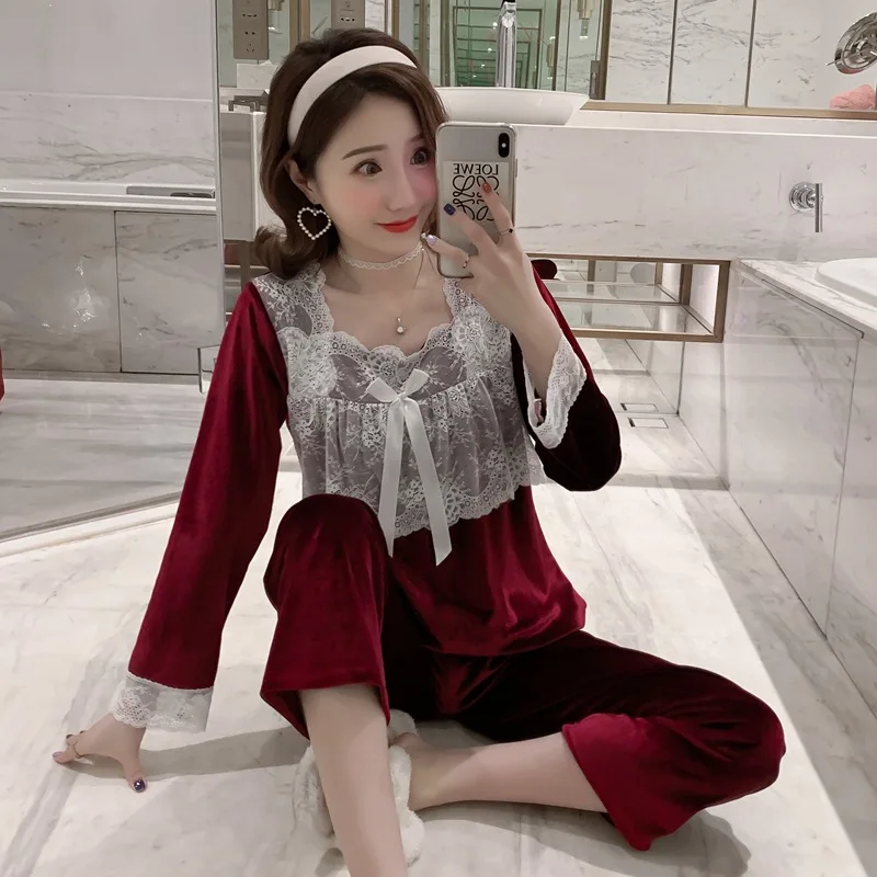 Женские бархатные пижамные комплекты в полоску стиле Лолиты кружевное ночное