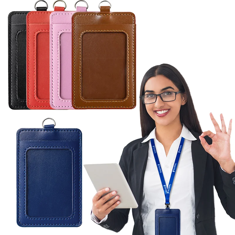 

Business Credential Badge ID Card Holder PU Leather Pass Credit Card Clear Tag Protector with Retractable Strap Scalable Lanyard