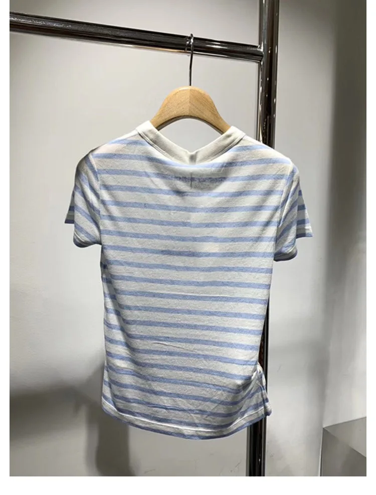 

Women T-shirt Spring/Summer 2021 New Striped Cotton Knitted T-shirt Fashionable Casual Loose Top T-shirt