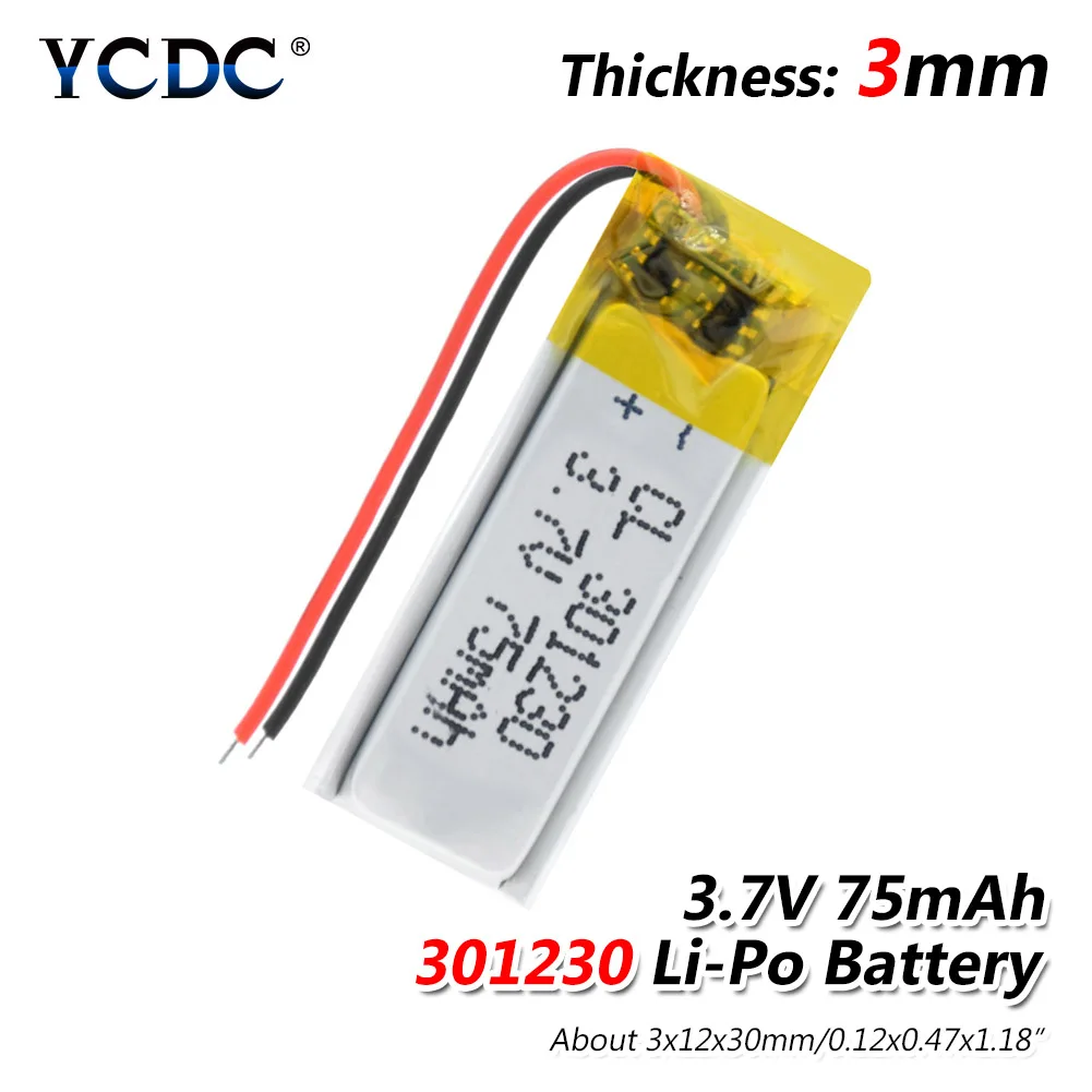 

3.7V Lipo Cell 301230 75mAh Lithium Battery For Headset MP3 Smart Bracelet Lithium Polymer Battery For Recording Pen Bluetooth