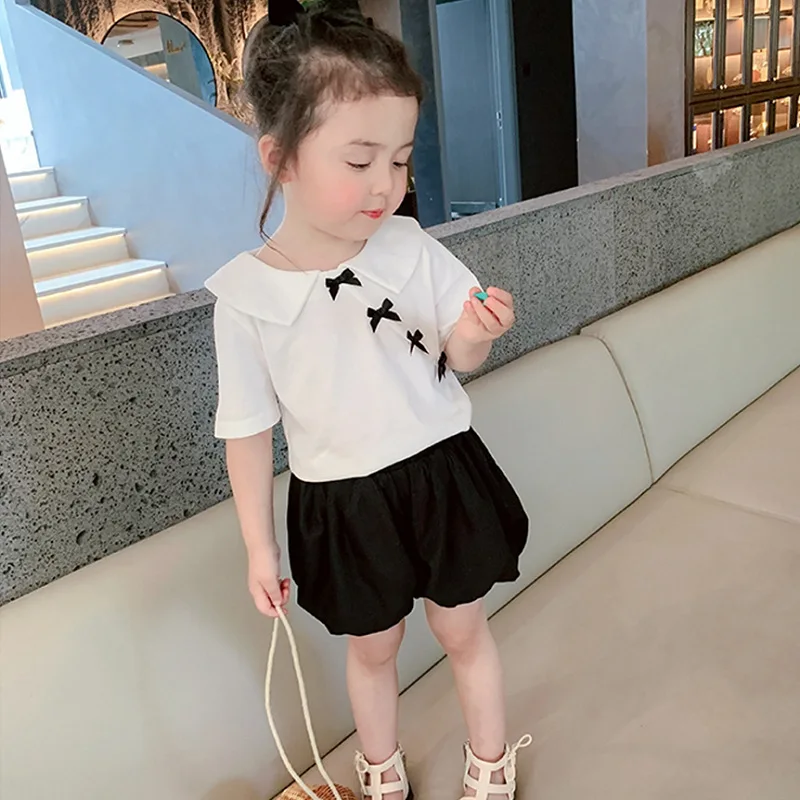 

Summer New Toddler Girls Clothing Sets Doll Collars Bow-knot Cute Tops Black Shorts 2pcs Suits for Girl Kids Clothes Girls Set
