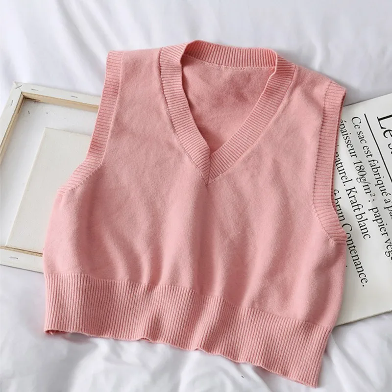 

Women Sweet Spring Autumn Sleeveless Sweater Solid Color V Neck Knitted Loose Sleeveless Slim Vest