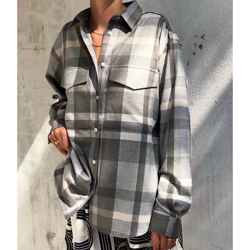 

Women Shirt 2021 Fall Winter New Style Lapel Check Print Shirt Women